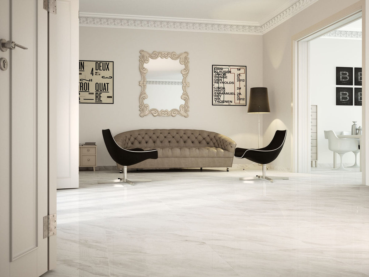 Porcelanato Pulido Brillante 79x79 - Hellas Pulido Blanco con vetas grises - Dugres