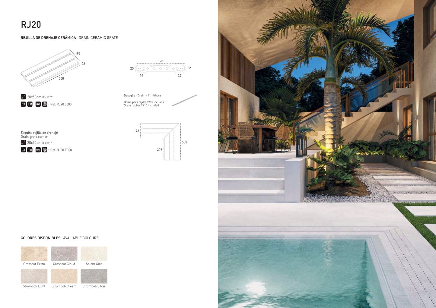 Rejilla de Drenaje Porcelánica RJ20 Stromboli Light 50x20 - Especial Piscinas