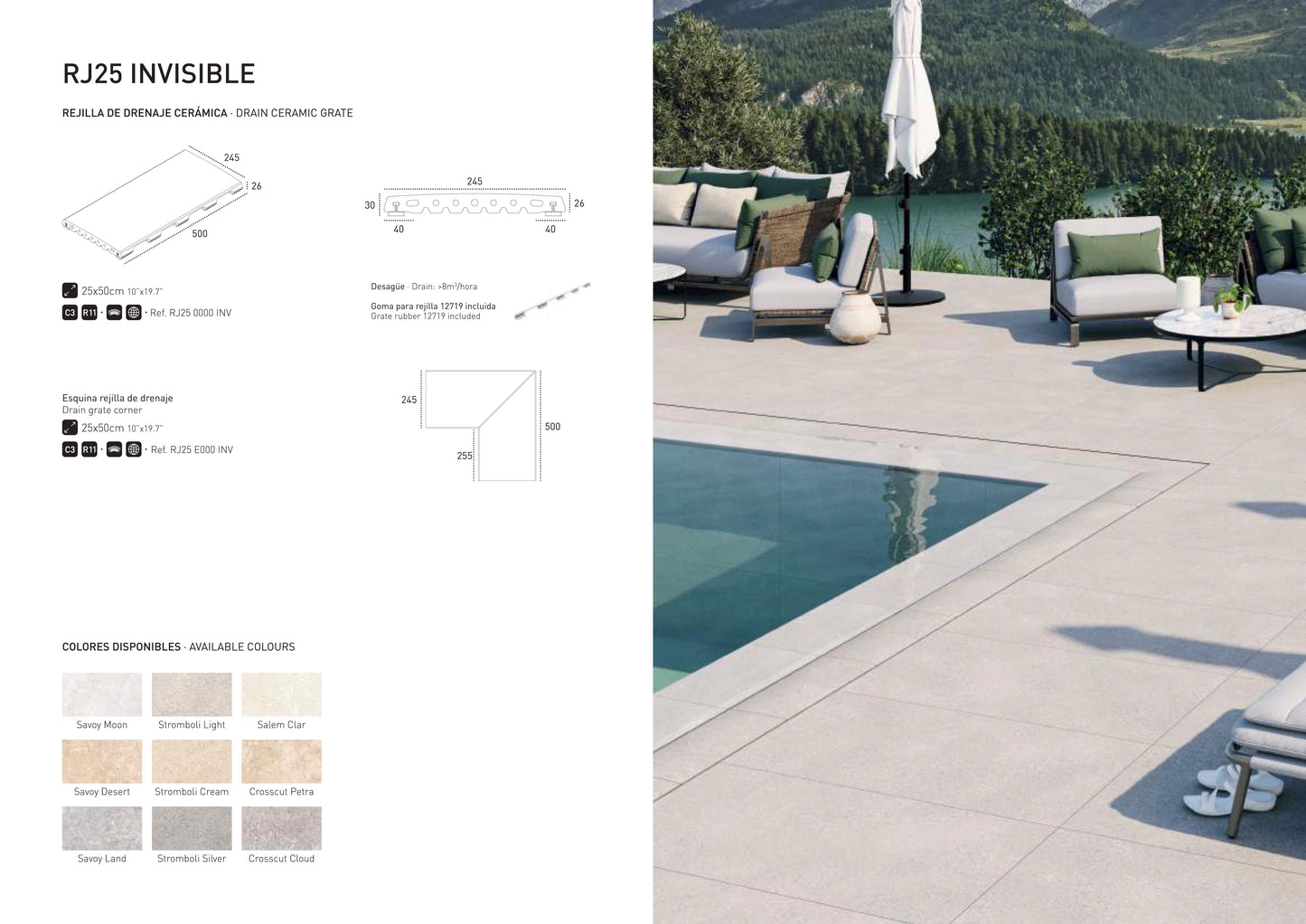 Rejilla de Drenaje Invisible RJ25 Stromboli Light 25x50