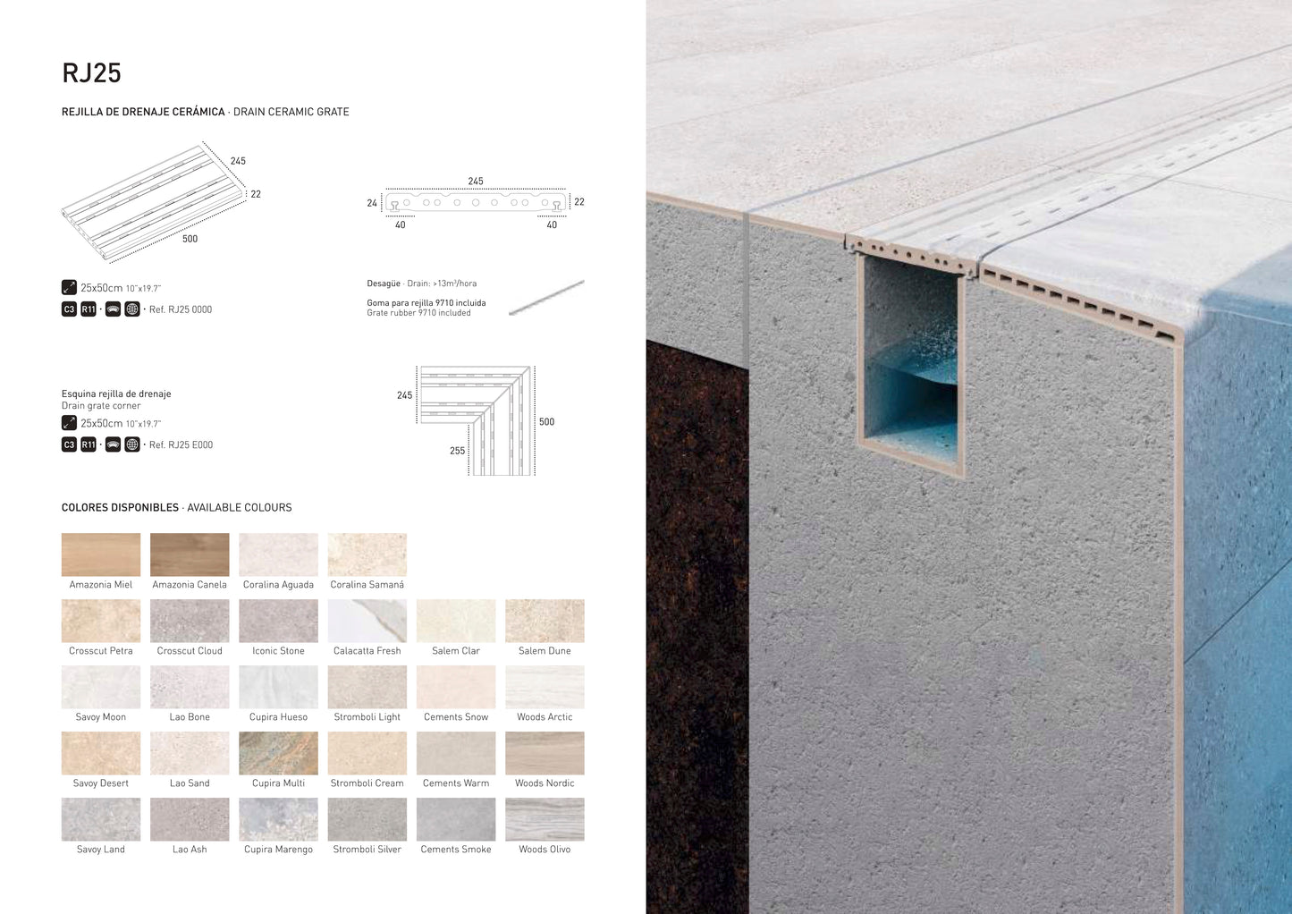 Rejilla de Drenaje Porcelánica RJ25 Stromboli Light 50x25 Atérmica